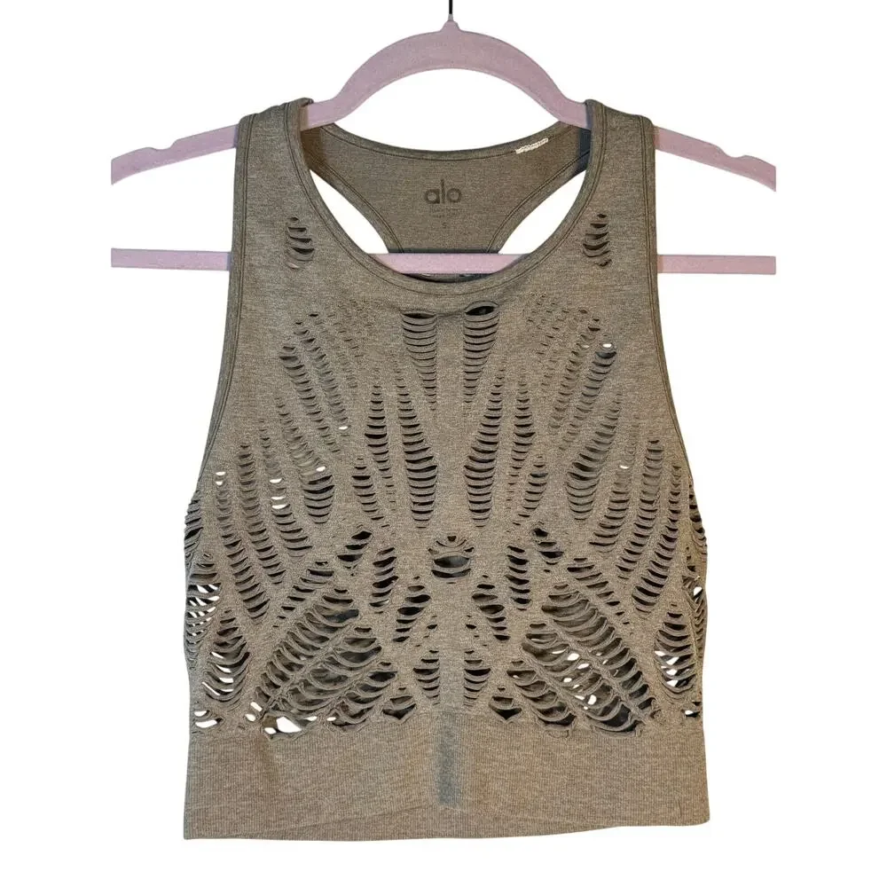 Alo Yoga Seamless Open Knit Racerback Tank Top Women's S Gray Activewear
